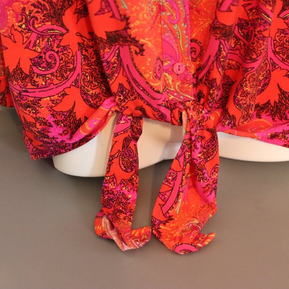 Nygard Bright Pink & Orange Paisley Front Tie Button Up Shirt Rolled Sleeve Lg - Picture 12 of 14